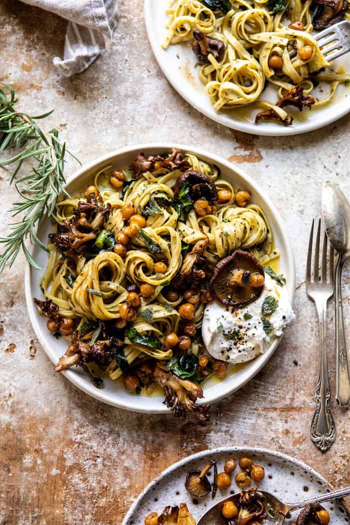 overhead photo of Slow Roasted Mushroom Pasta with Crisp Rosemary Chickpeas