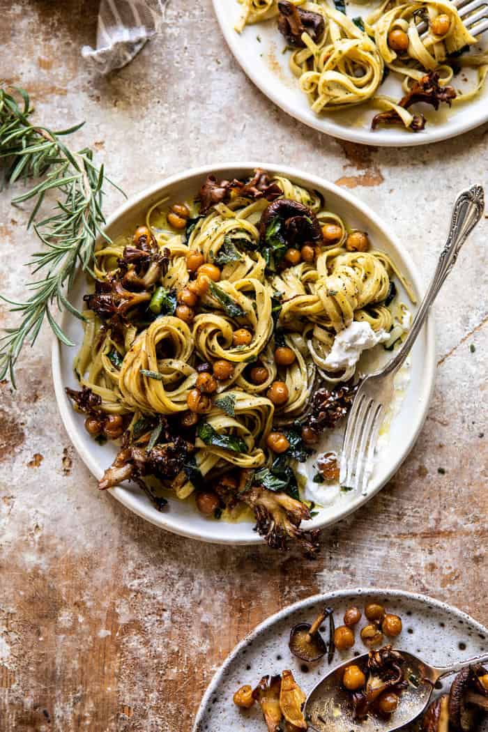 overhead photo of Slow Roasted Mushroom Pasta with Crisp Rosemary Chickpeas and for on plate 
