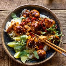 30 Minute Sticky Thai Meatballs with Sesame Noodles.