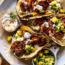 Chipotle BBQ Shrimp Tacos with Creamy Ranch Slaw.