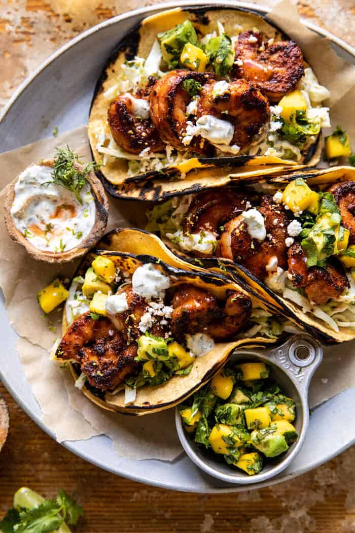 overhead photo of Chipotle BBQ Shrimp Tacos with Creamy Ranch Slaw 