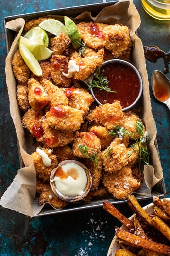 Coconut Popcorn Chicken with Sweet Thai Chili Lime Sauce.
