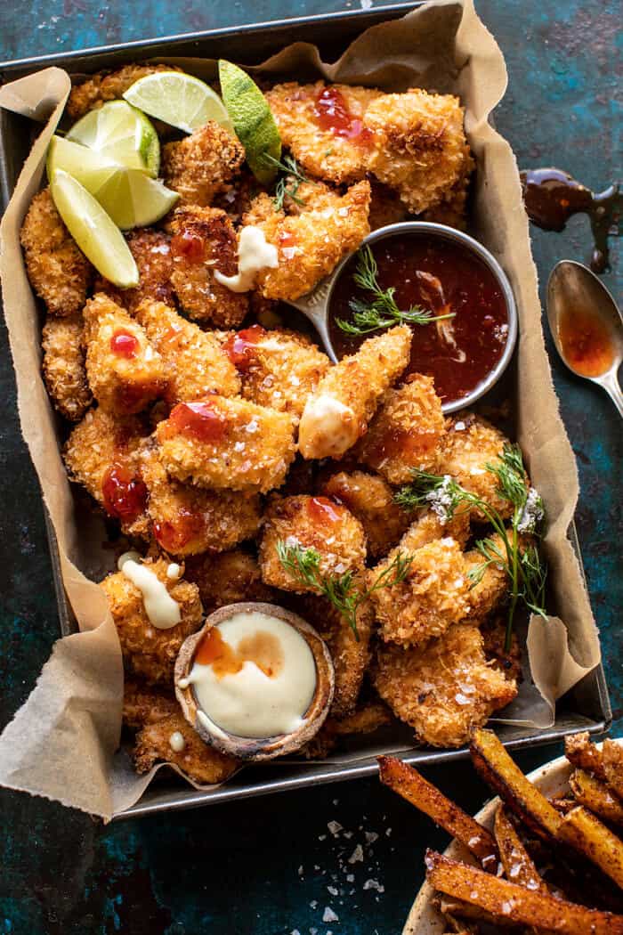 overhead close up photo of Coconut Popcorn Chicken with Sweet Thai Chili Lime Sauce