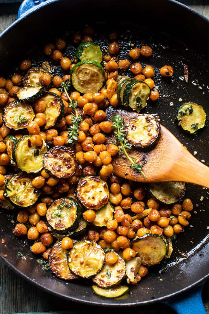 overhead photo of Spiced Chickpeas and zucchini in skillet 