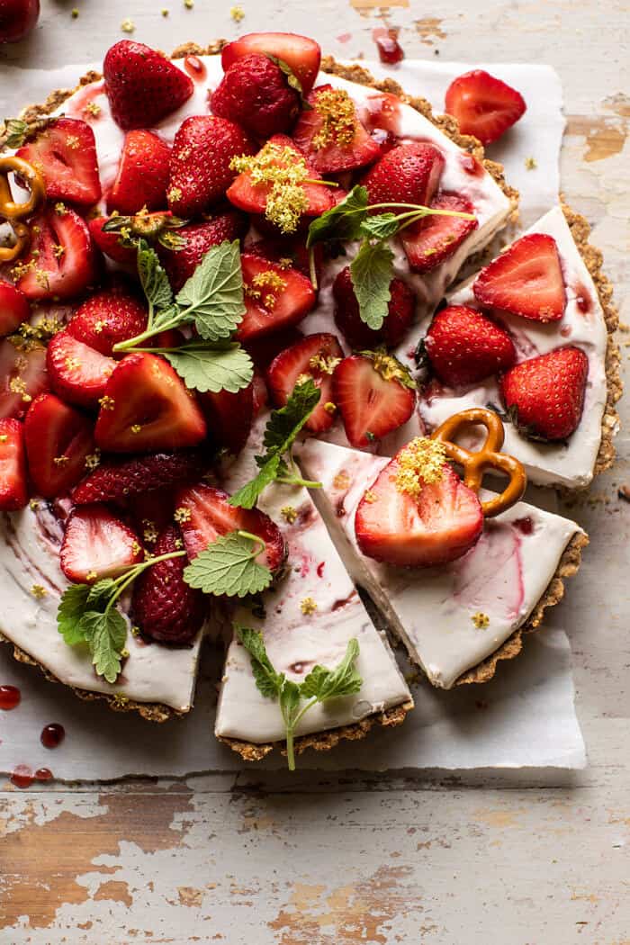 overhead photo of Double Strawberry Pretzel Pie with 3 slices cut