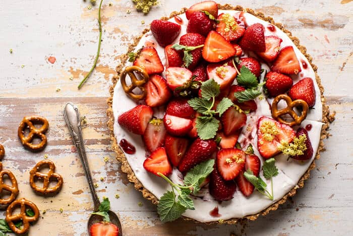 Double Strawberry Pretzel Pie | halfbakedharvest.com overhead horizontal photo of Double Strawberry Pretzel Pie