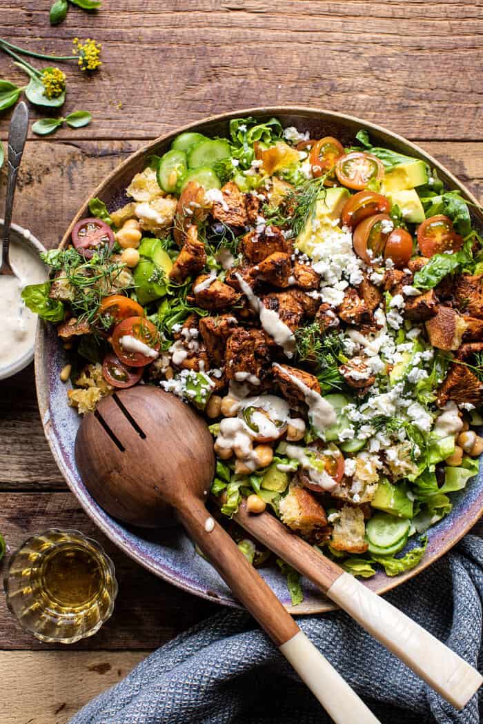 overhead photo of Greek Chicken Chopped Salad with Lemon Tahini Vinaigrette