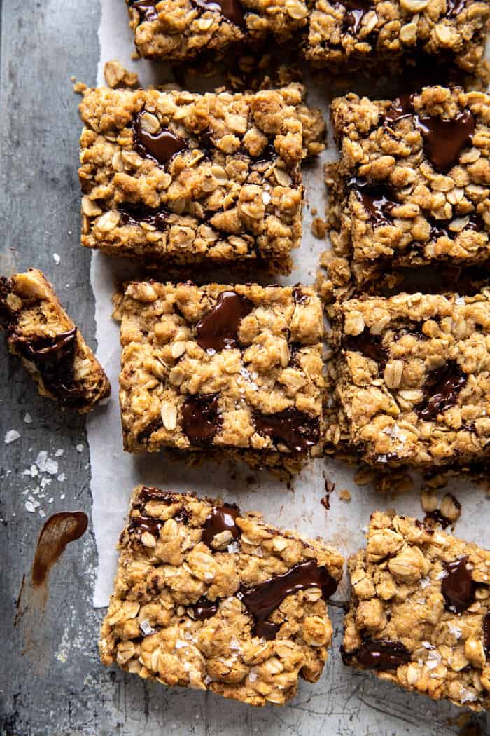 overhead photo of Healthier Dark Chocolate Chunk Oatmeal Cookie Bars 