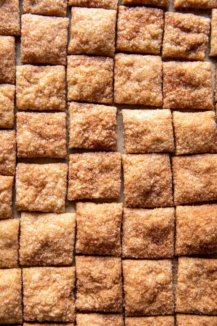 overhead photo of Homemade Cinnamon Toast Crunch after baking on baking sheet