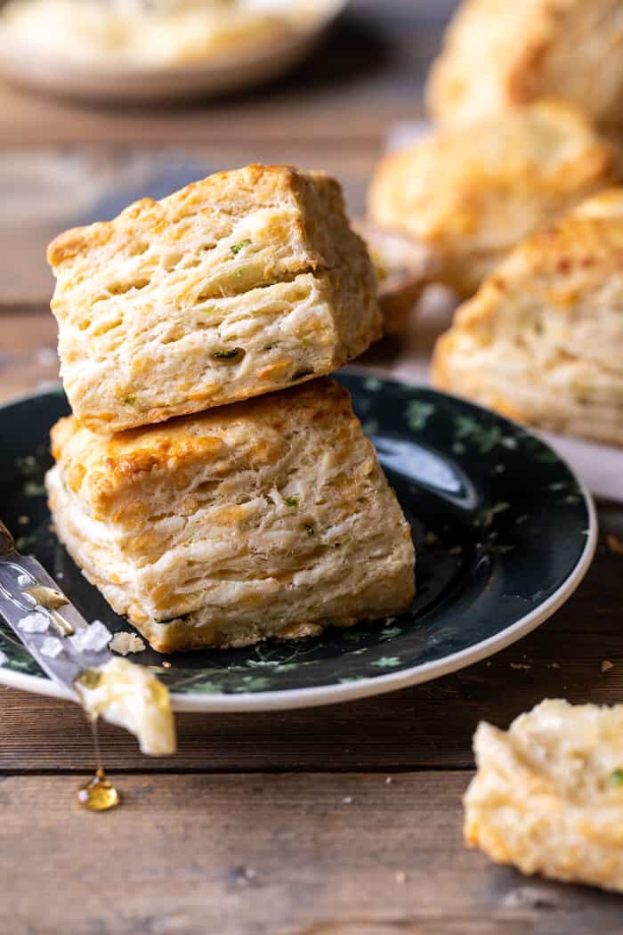 side photo of Layered Jalapeño Cheddar Biscuits with Salted Honey Butter 