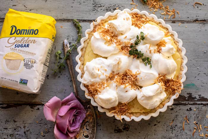 overhead horizontal photo of Lemon Sugar Coconut Cream Pie 