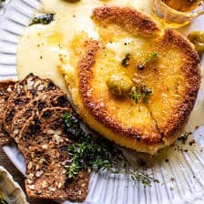 Pan Fried Brie with Peppered Honey and Olives | halfbakedharvest.com