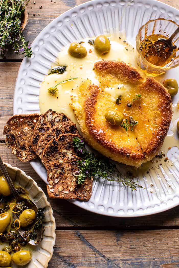 overhead photo of Pan Fried Brie with Peppered Honey and Olives