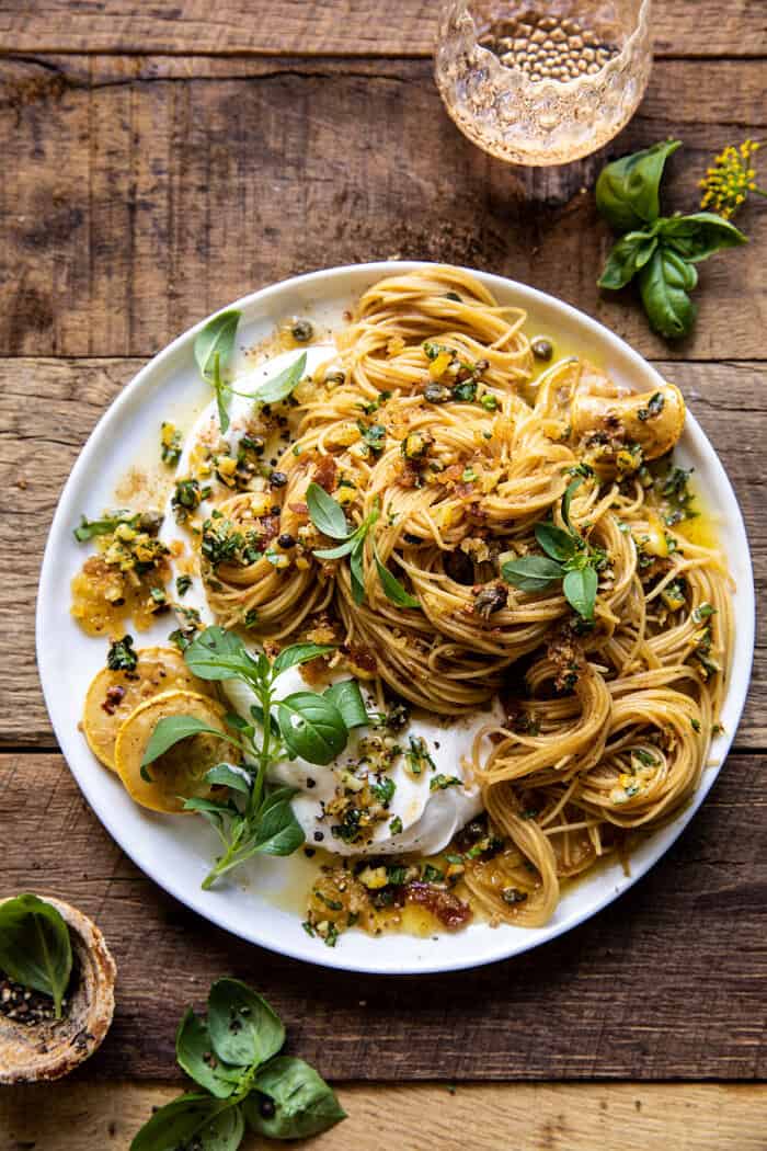 overhead photo of 20 Minute Lemon Butter Pasta with Ricotta and Spicy Breadcrumbs
