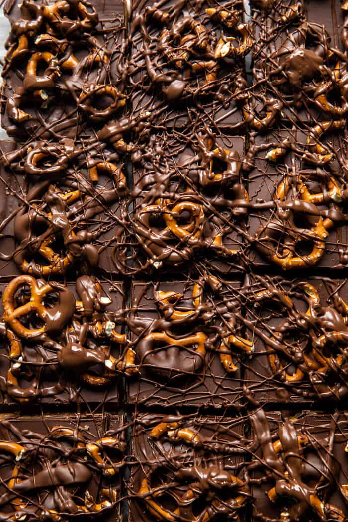 overhead close up photo of Buckeye Crunch Bars after cutting