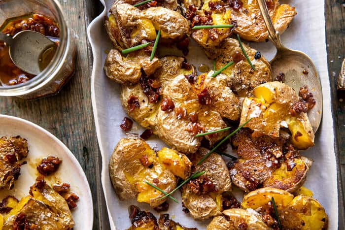 overhead horizontal photo of Crispy Smashed Potatoes with Bacon Vinaigrette