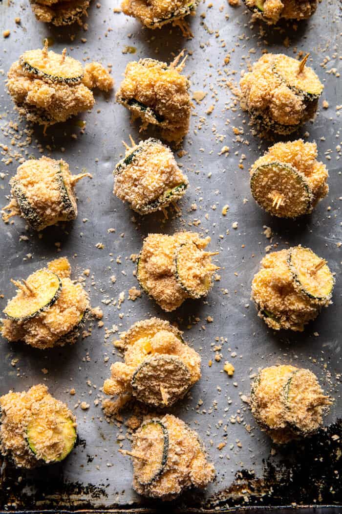 Mac and Cheese Stuffed Oven Fried Zucchini Bites after coating in breadcrumbs, but before baking