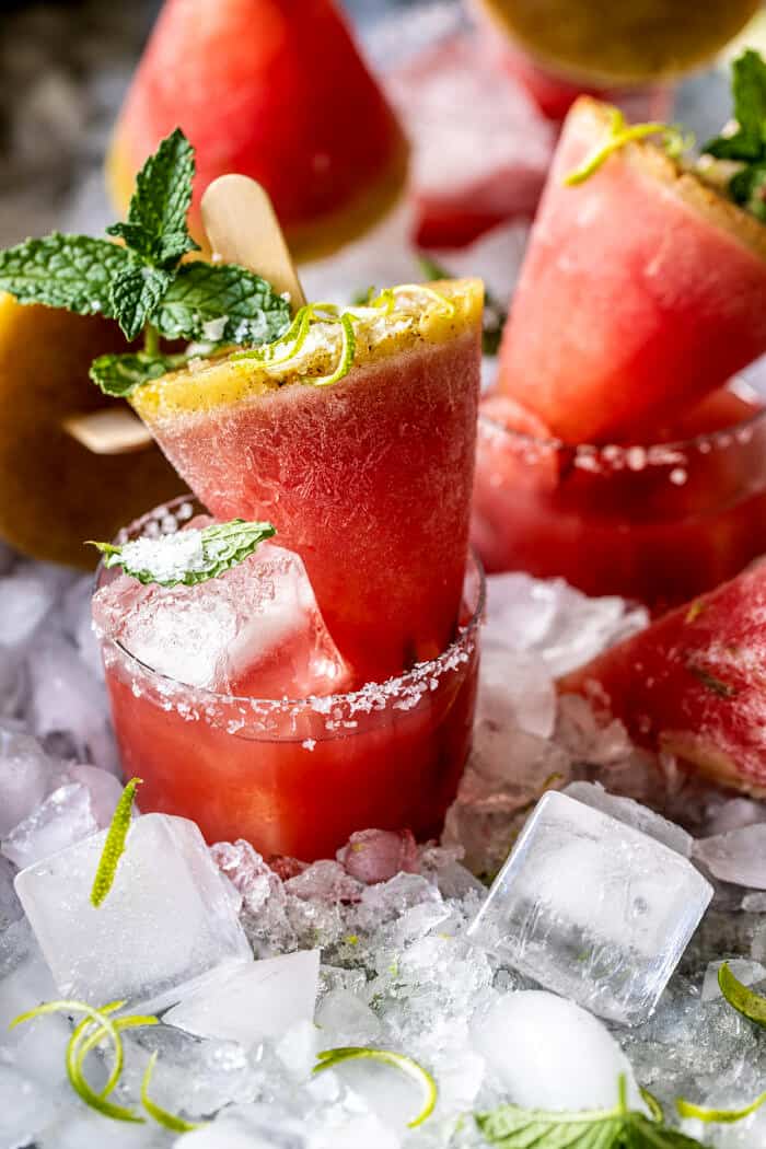 front on close up photo of Salted Spicy Watermelon Margarita Popsicles