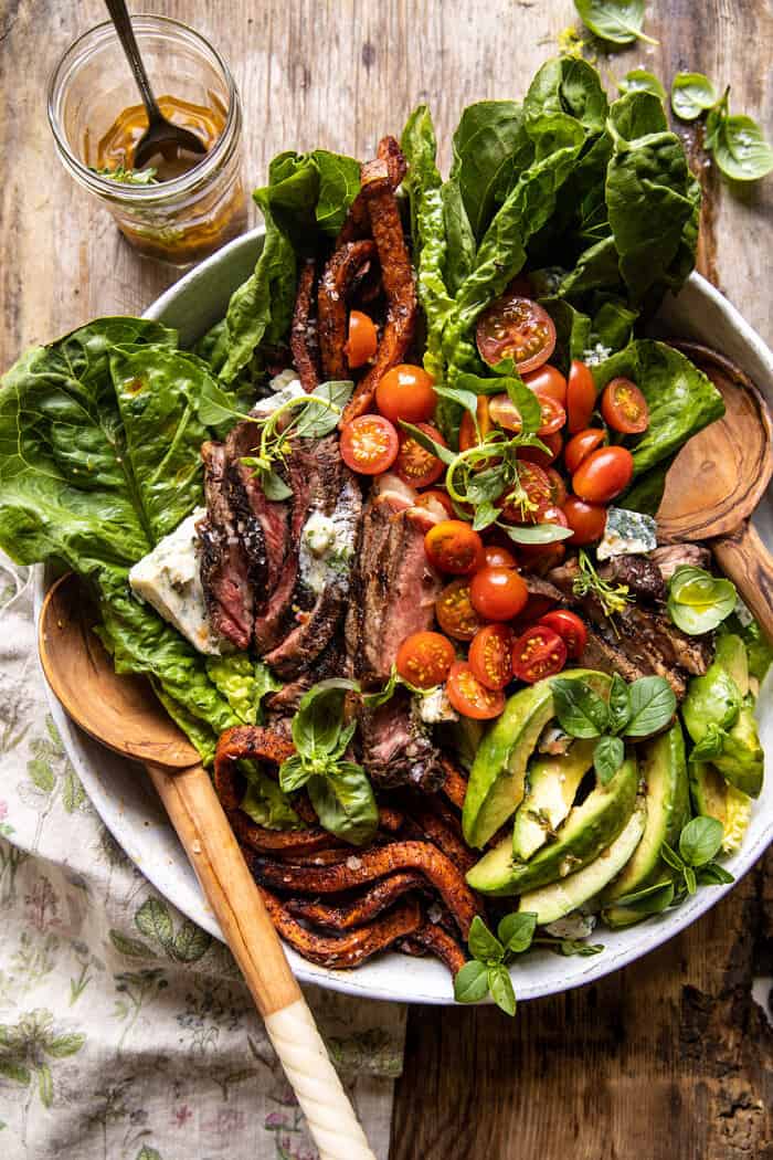 overhead photo of Sweet Potato Fry Steak Salad with Blue Cheese Butter