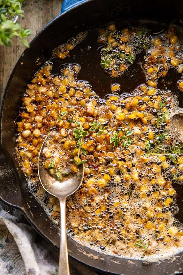 overhead photo of Browned Garlic Butter Corn in skillet 