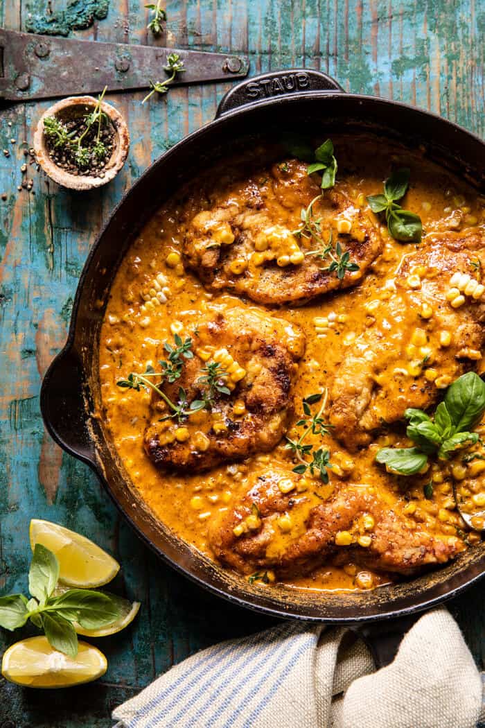 Creamy Cajun Skillet Chicken Lazone with Herby Corn | halfbakedharvest.com