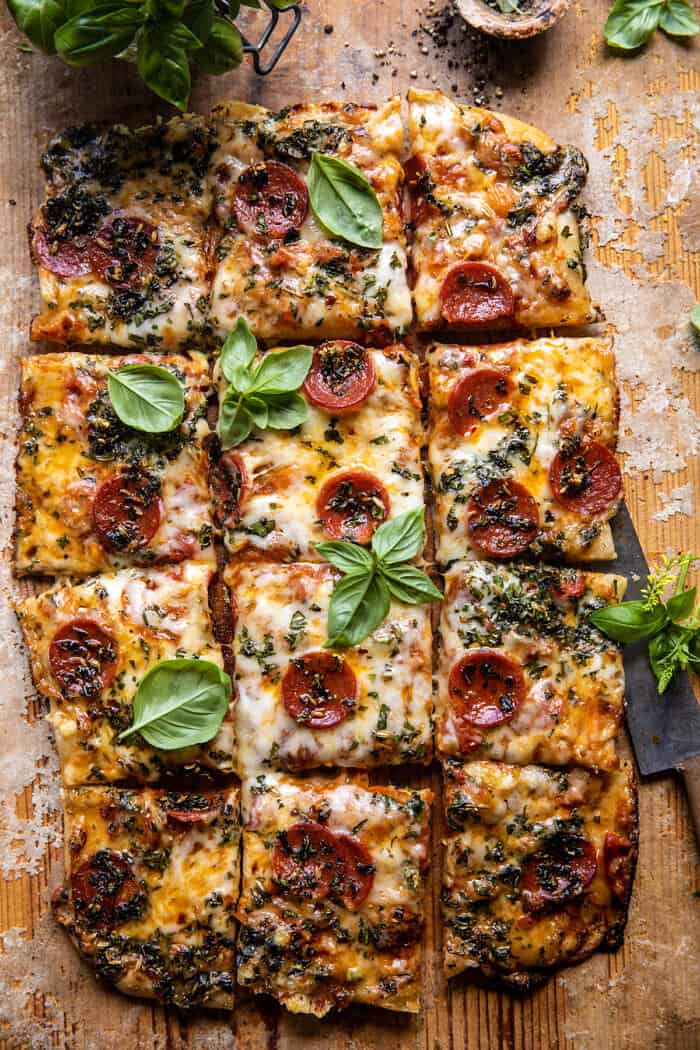 overhead photo of Easy Sheet Pan Tomato Herb Pizza