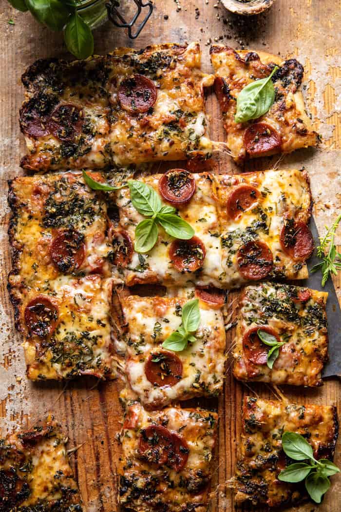 overhead photo of Easy Sheet Pan Tomato Herb Pizza 