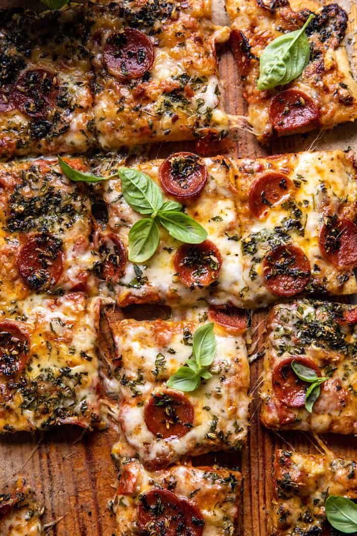 overhead close up photo of Easy Sheet Pan Tomato Herb Pizza 