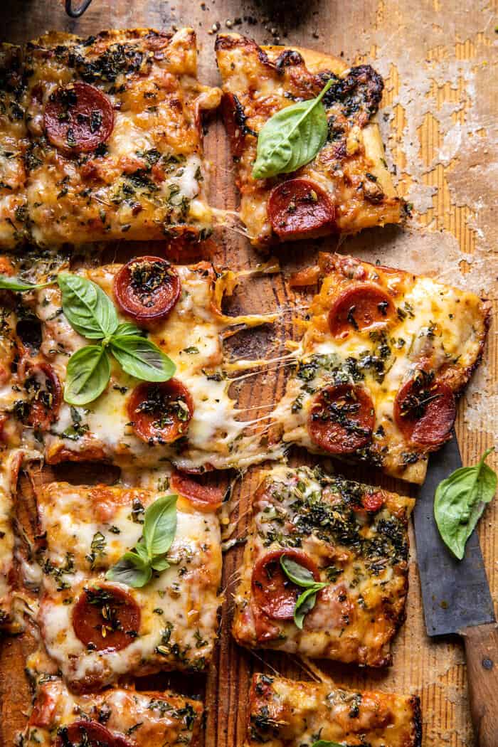 overhead photo of Easy Sheet Pan Tomato Herb Pizza