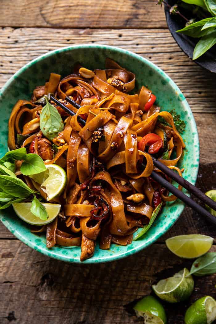 overhead photo of Saucy Thai Summer Noodle Stir Fry with Sesame Peanuts