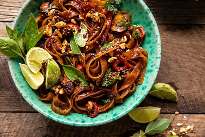 overhead horizontal photo of Saucy Thai Summer Noodle Stir Fry with Sesame Peanuts 
