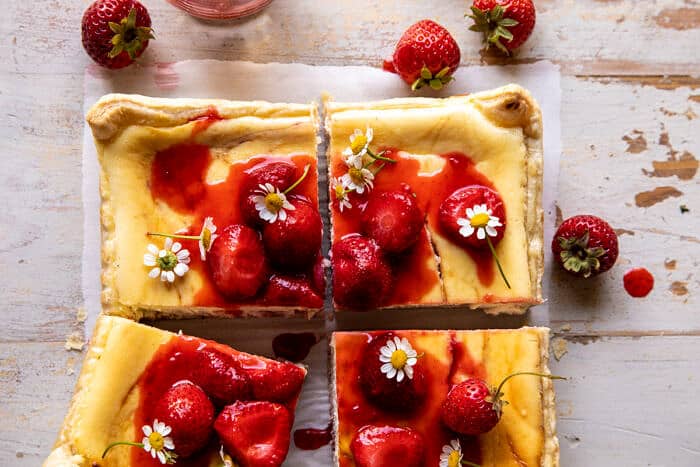 overhead close up horizontal photo of Simple Strawberry Chamomile Cheesecake
