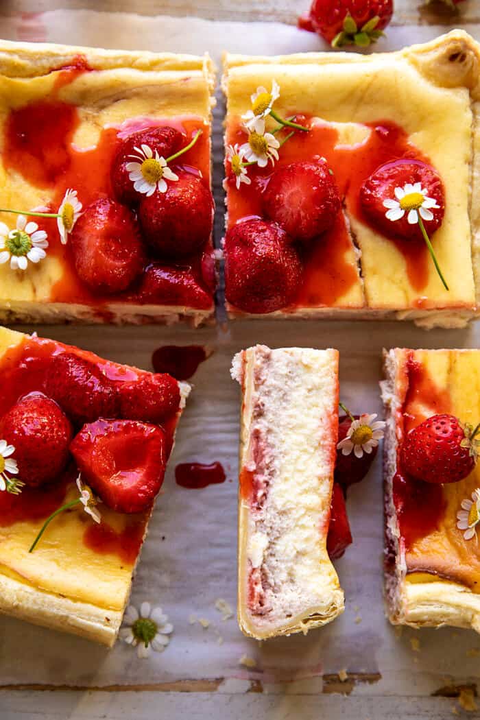 overhead photo of Simple Strawberry Chamomile Cheesecake slice