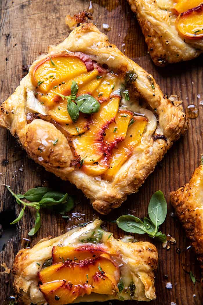 overhead photo of Peach Brie Pastry Tarts with Peppered Rosemary Honey