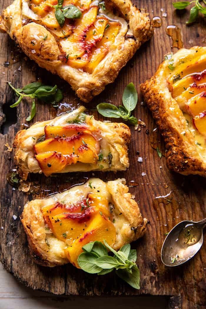 overhead photo of Peach Brie Pastry Tarts with Peppered Rosemary Honey