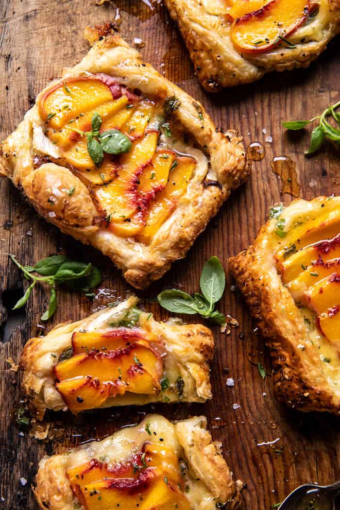 overhead photo of Peach Brie Pastry Tarts with Peppered Rosemary Honey
