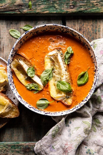 Easiest Herby Tomato Soup with Melted Brie Crostini.