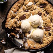 Giant S’mores Stuffed Chocolate Chip Skillet Cookie.