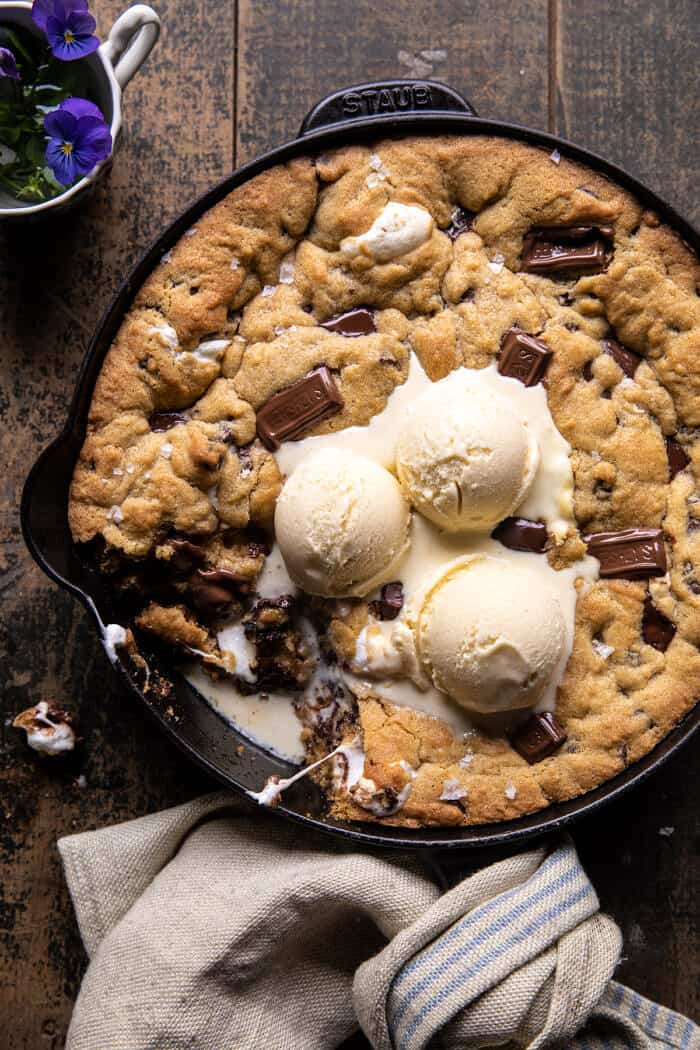 overhead photo of Giant S’mores Stuffed Chocolate Chip Skillet Cookie