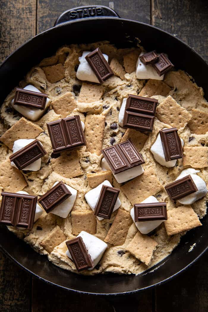 Giant S’mores Stuffed Chocolate Chip Skillet Cookie before baking