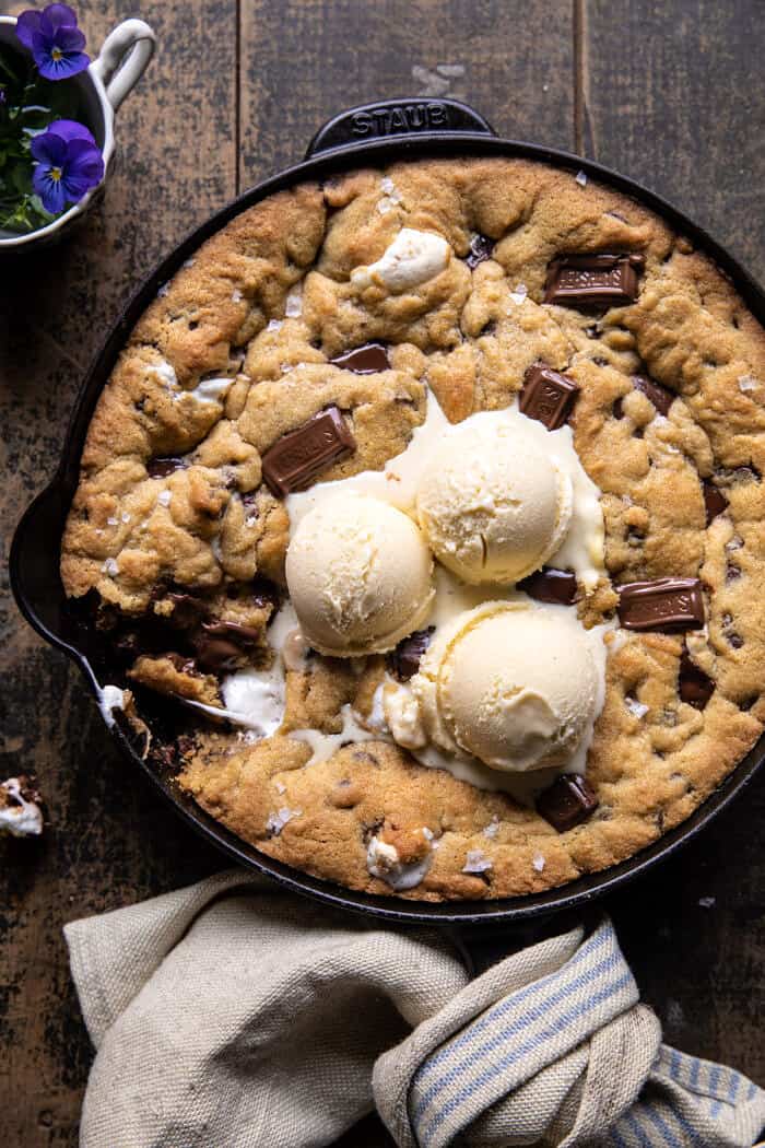 overhead photo Giant S’mores Stuffed Chocolate Chip Skillet Cookie 