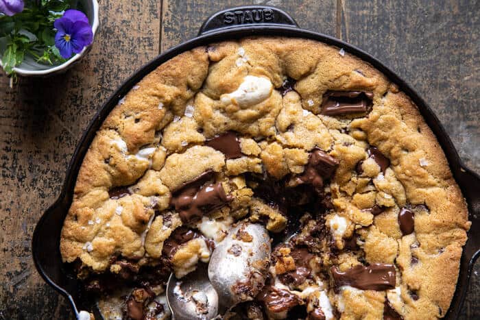 overhead horizontal photo of Giant S’mores Stuffed Chocolate Chip Skillet Cookie