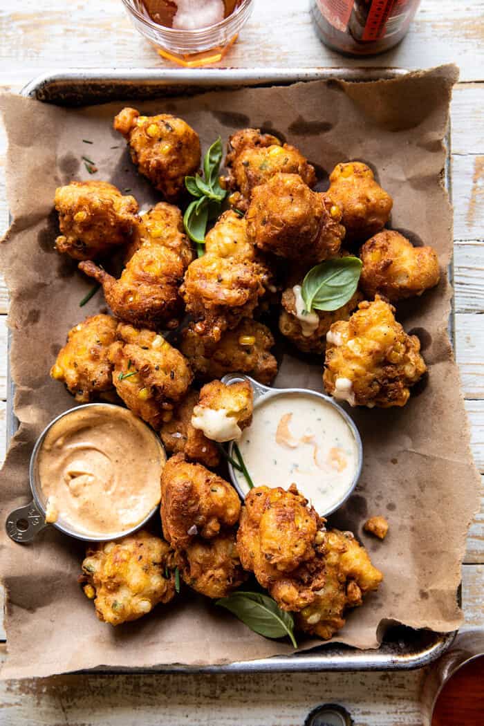 overhead photo of Jalapeño Cheddar Corn Fritters with Chipotle Aioli 