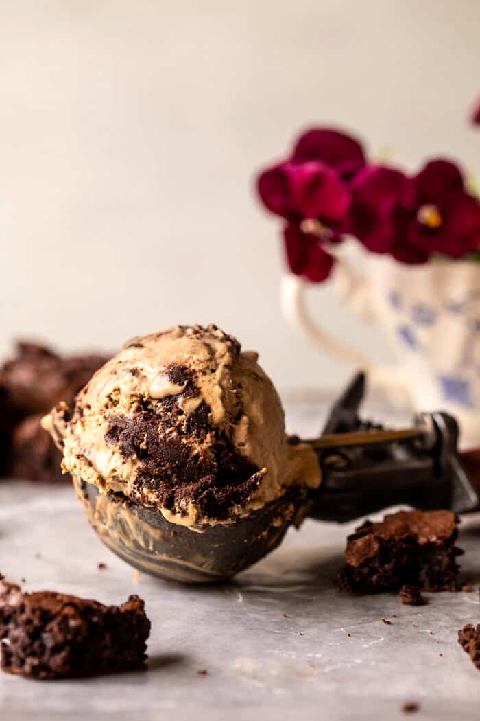front on close up photo of No Churn Fudge Brownie Coffee Ice Cream in ice cream scoop