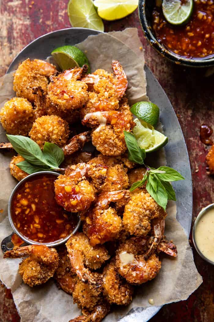 overhead photo of Oven Fried Coconut Shrimp with Thai Pineapple Chili Sauce 