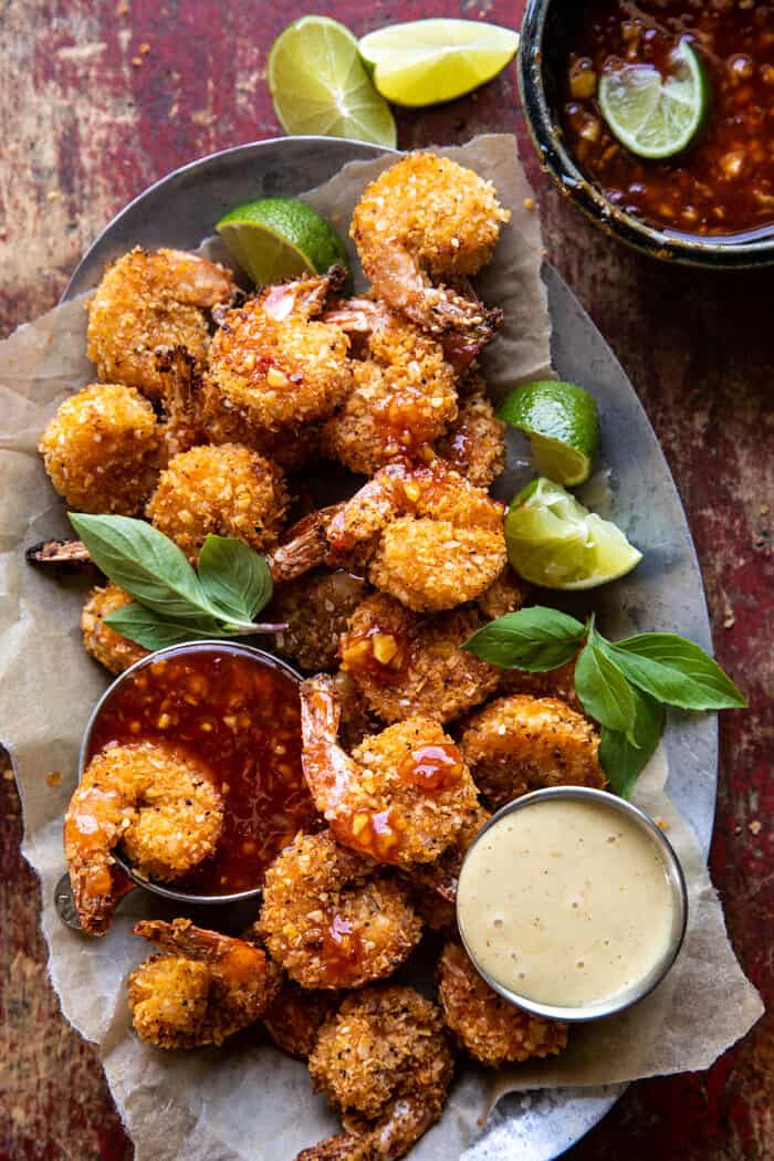 overhead photo of Oven Fried Coconut Shrimp with Thai Pineapple Chili Sauce