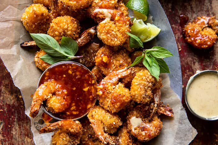 overhead horizontal photo of Oven Fried Coconut Shrimp with Thai Pineapple Chili Sauce