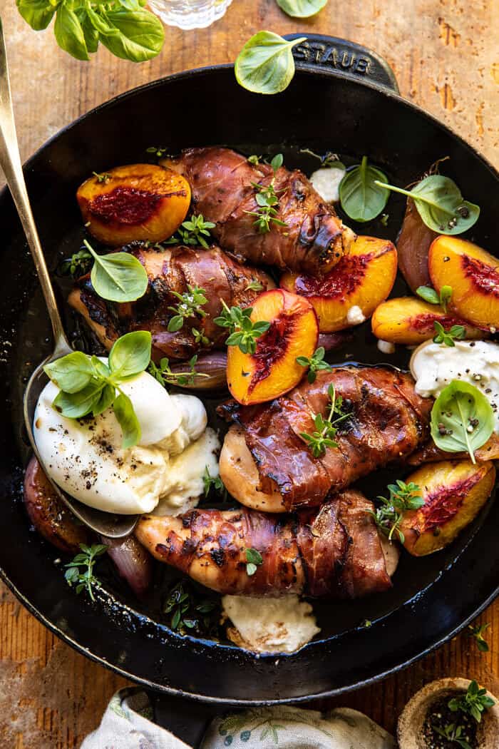 Prosciutto Balsamic Peach Chicken with Burrata and Basil | halfbakedharvest.com