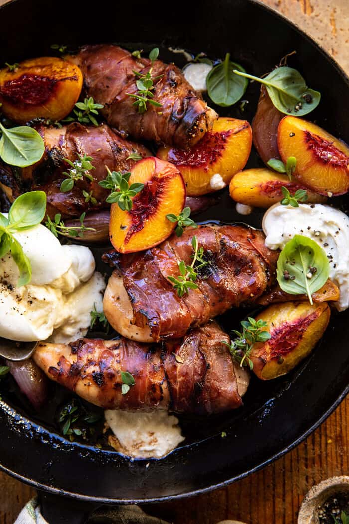 overhead close up photo of Prosciutto Balsamic Peach Chicken with Burrata and Basil | halfbakedharvest.com