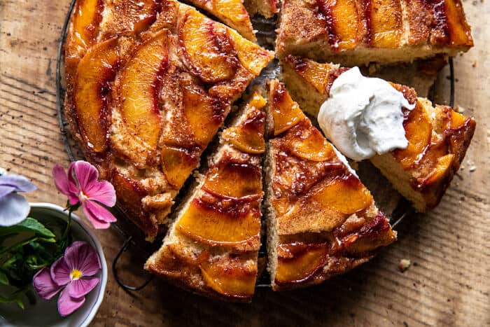 overhead horizontal photo of Skillet Cinnamon Sugar Peach Upside Down Cake 